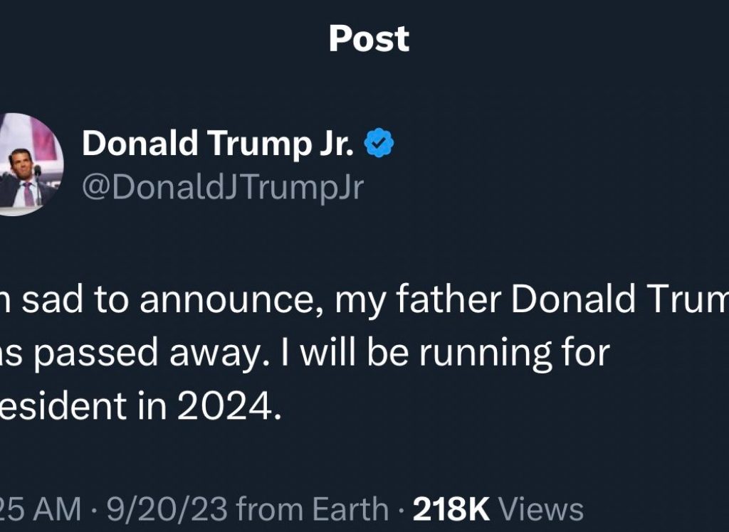 Donald Trump Jr twitta: "Papà è morto"... ma non è colpa sua