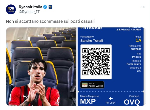 Ryanair prende in giro Tonali (ma fa sparire Fagioli): i meme sul caso scommesse