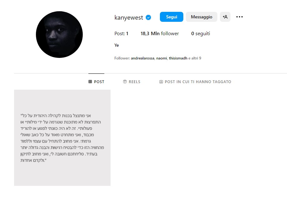 Kanye West torna su Instagram e si scusa con gli ebrei: "Ho problemi mentali"