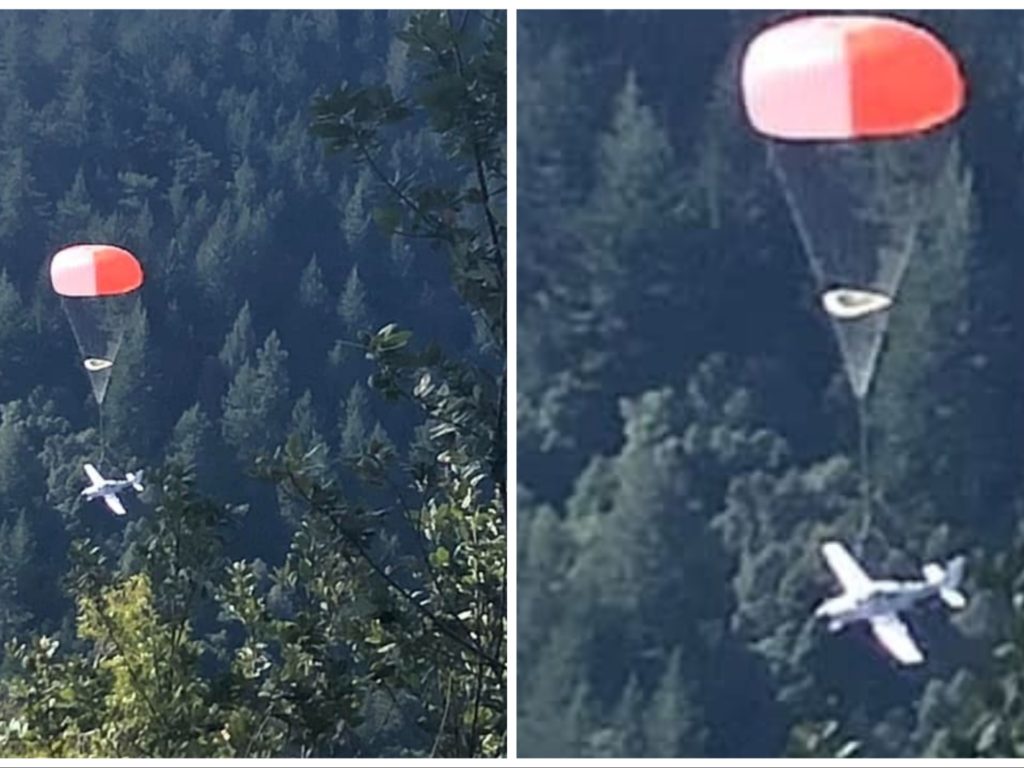 Aereo precipita ma il pilota apre un enorme paracadute e salva tutti