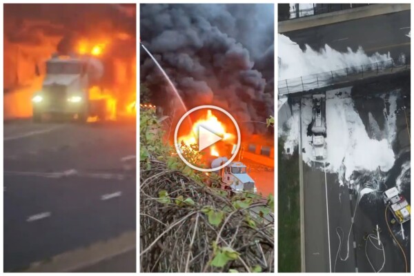 Infierno en la autopista, el camión cisterna vuelca y explota: bola de fuego en el cielo